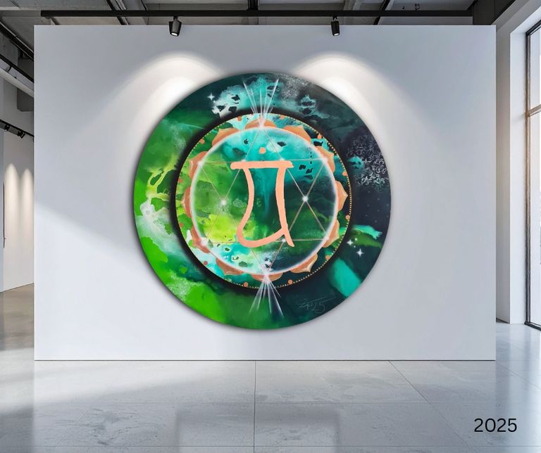 Rundes abstraktes Kunstwerk in Grüntönen mit einem orangefarbenen symbolähnlichen Zeichen in der Mitte, installiert an einer weißen Wand in einem modernen, gut beleuchteten Galerie- oder Ausstellungsraum.